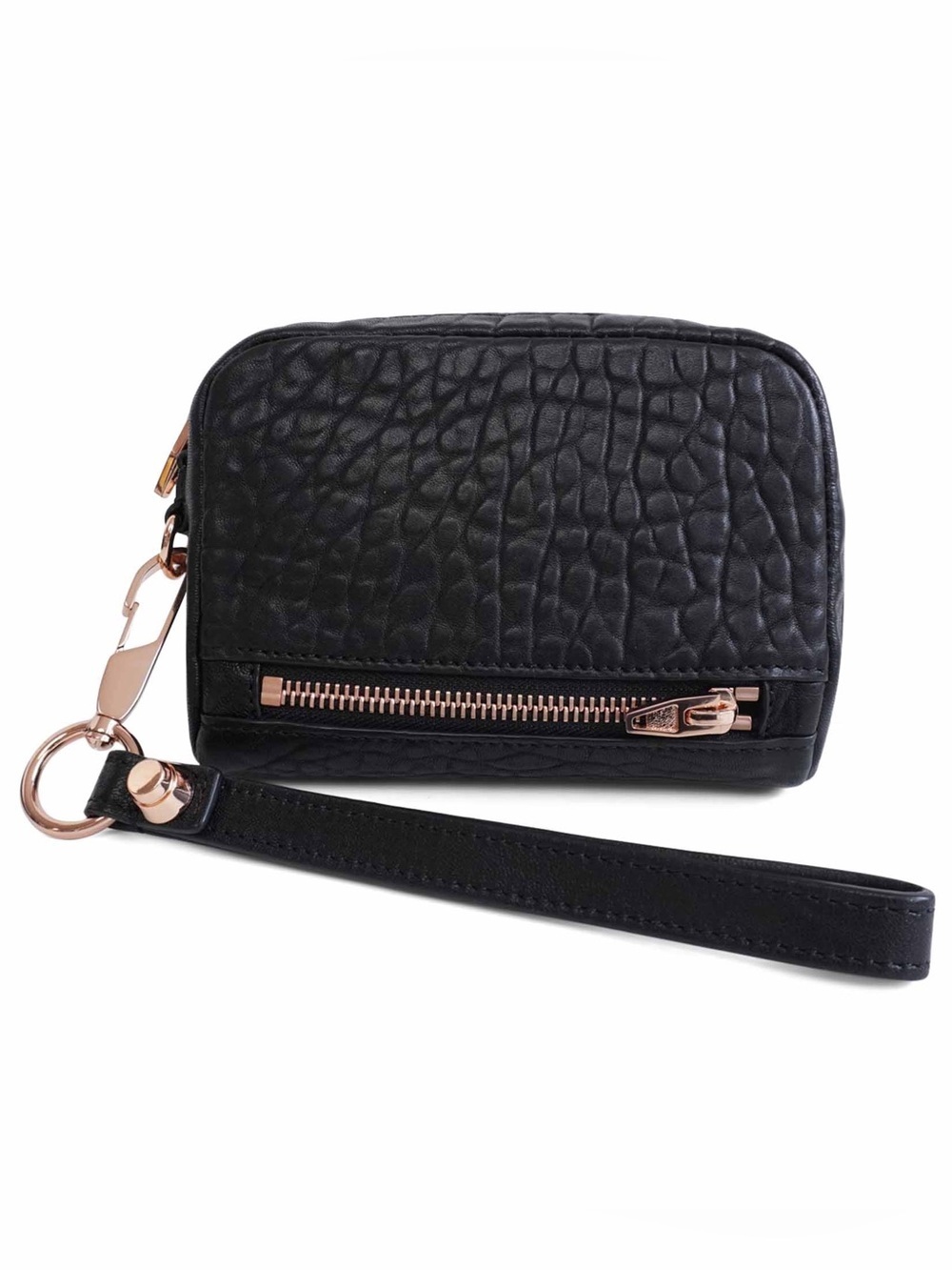 Alexander Wang Black Textured Leather Wristlet with Rose Gold Hardware